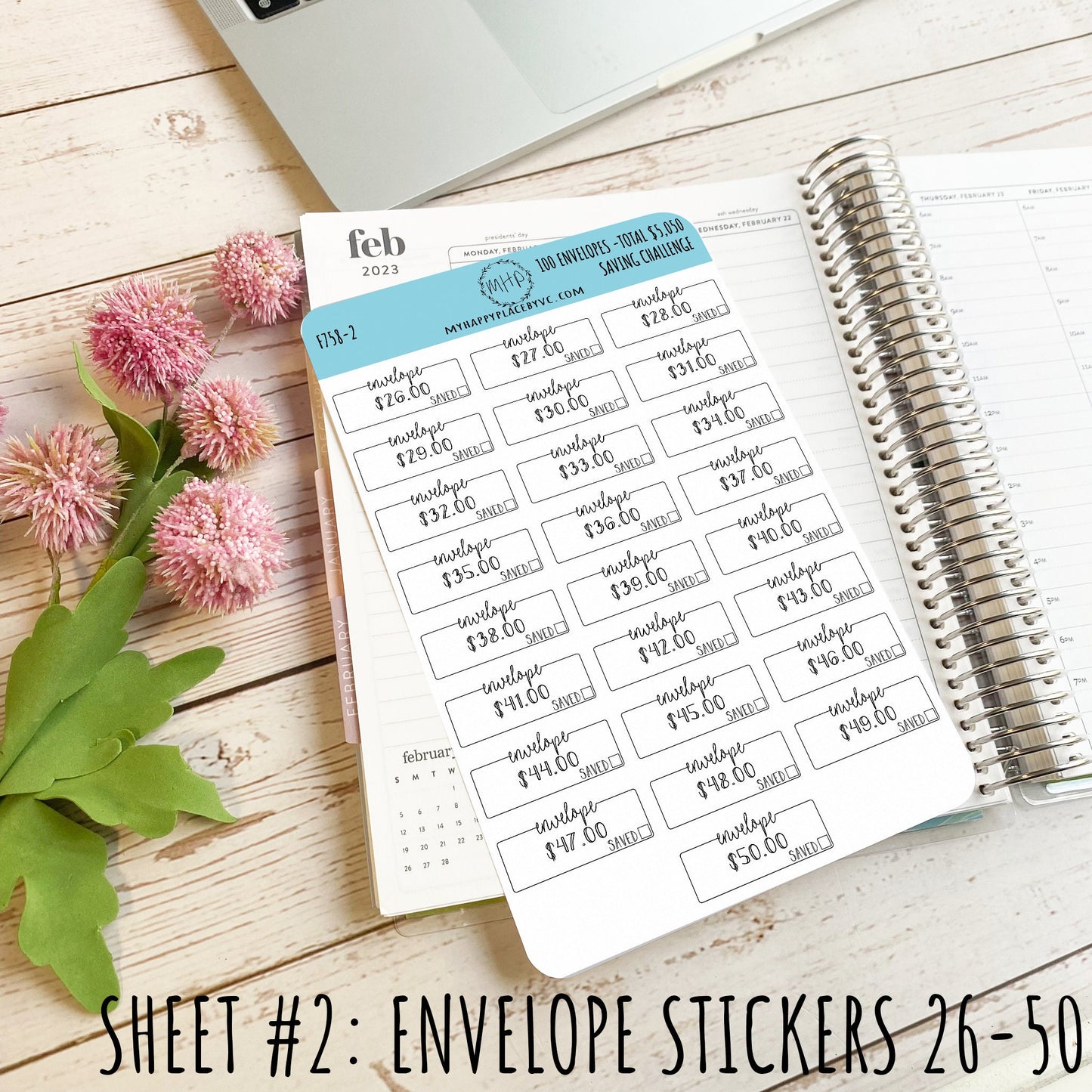 100 Envelope Stickers for Savings Challenge (Total Savings 5,050.00). Stickers for Planners, Saving Envelopes, and Bullet Journals || F758