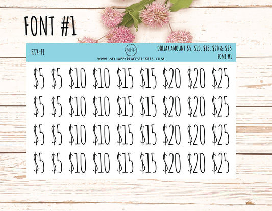 Dollar Amount Stickers. 5, 10 , 15, 20 & 25 Dollar Stickers. 1 Inch Tall. Saving and Budget Stickers|| F774