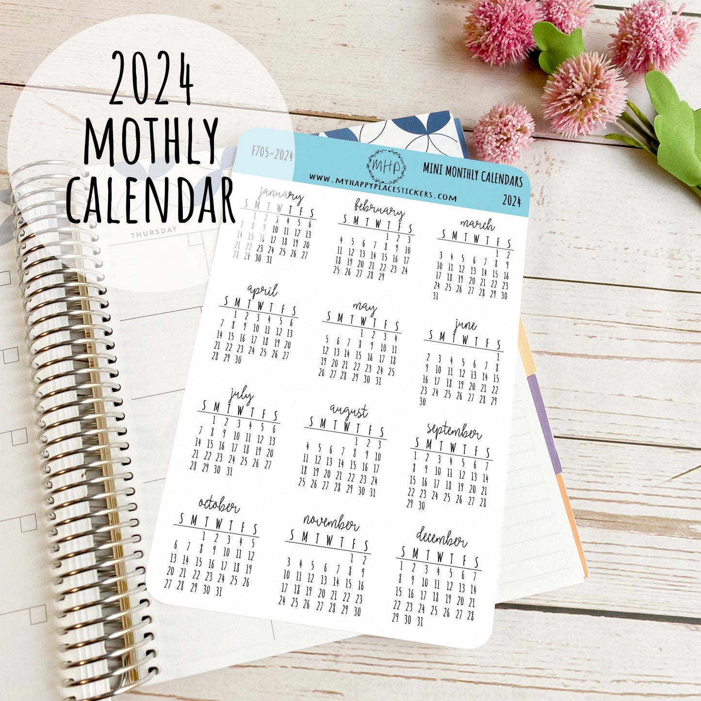 Mini 2024 Calendar Stickers for Planners and Bullet Journals, and Homeschool Planner || F705