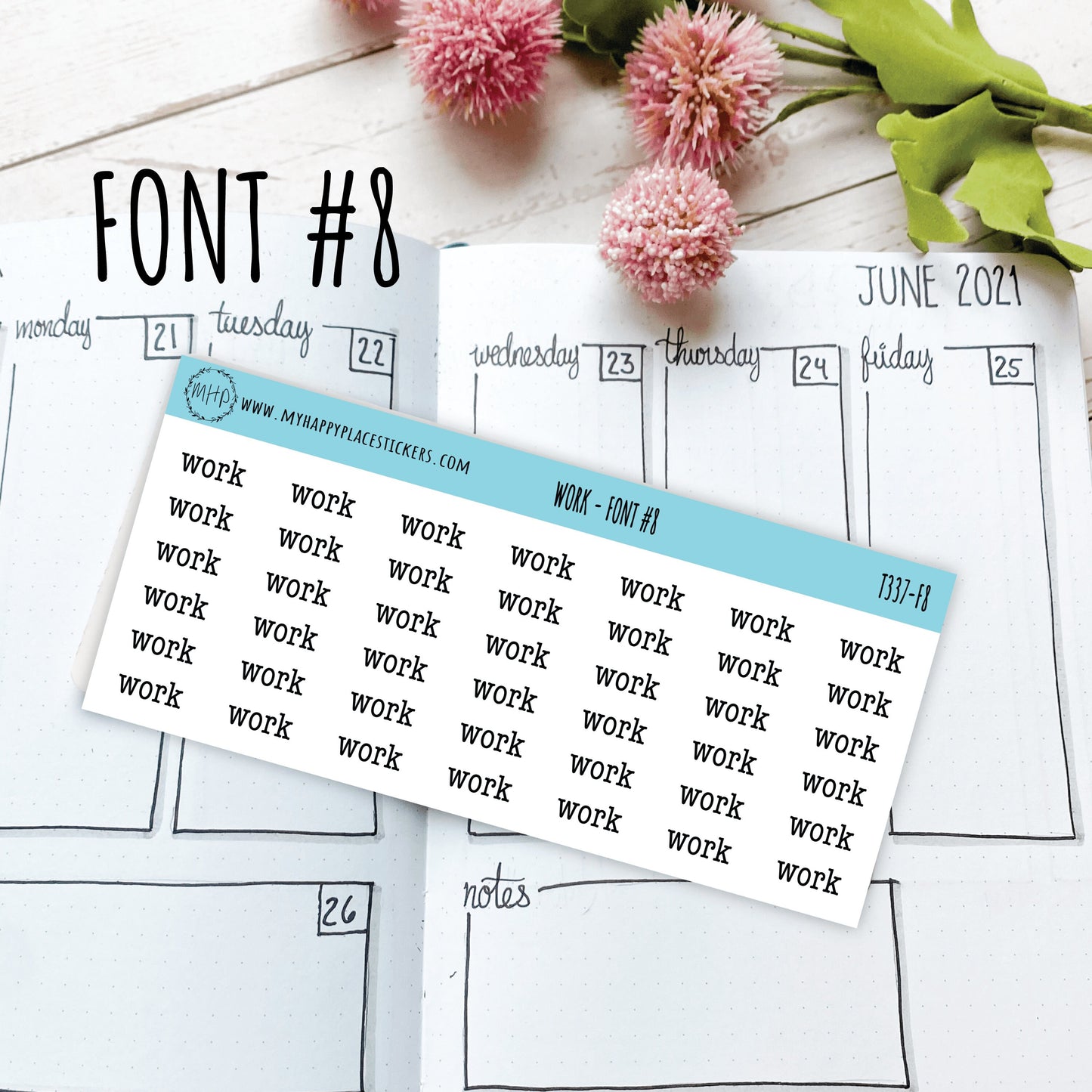 WORK Stickers for Planner and Bullet Journals. 7 Fonts to Choose From || T337