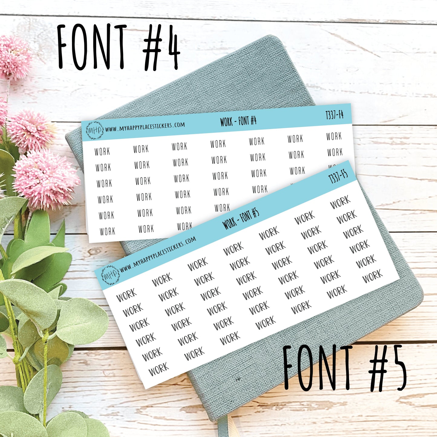 WORK Stickers for Planner and Bullet Journals. 7 Fonts to Choose From || T337