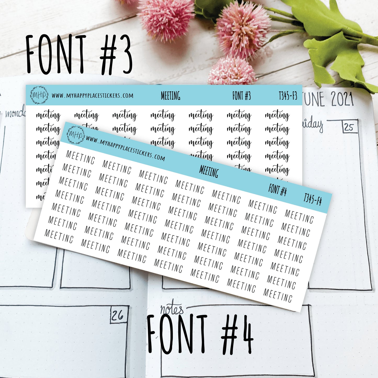 MEETING Stickers for Planner and Bullet Journals. 11 Fonts to Choose From || T345