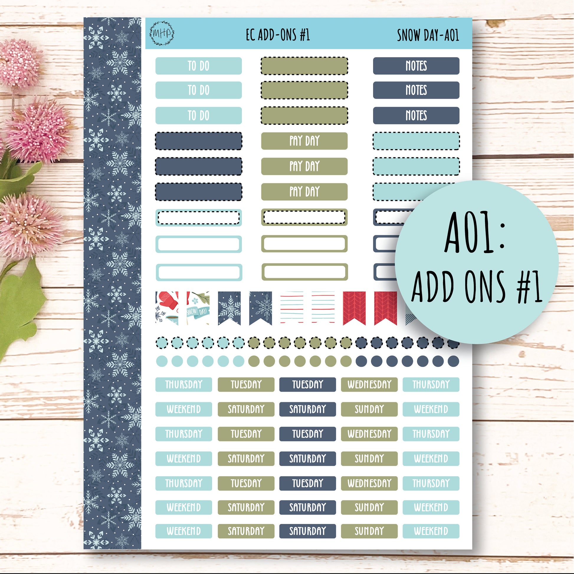 Add Ons Stickers for 7x9 Erin Condren Planners. JANUARY "Snow Day" || SD-AO