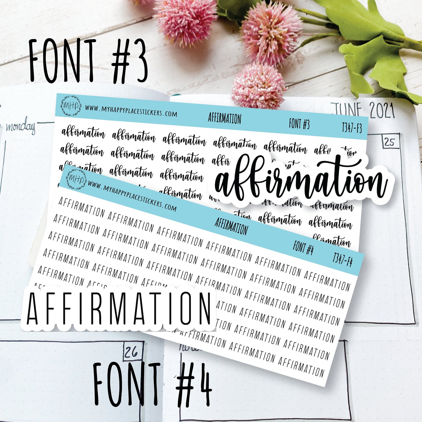 AFFIRMATION Stickers for Planner and Bullet Journals. 12 Fonts to Choose From || T347