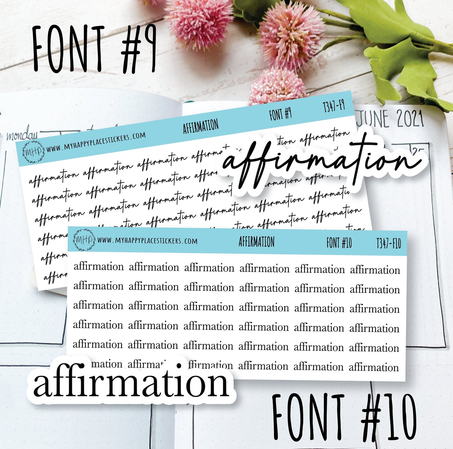 AFFIRMATION Stickers for Planner and Bullet Journals. 12 Fonts to Choose From || T347