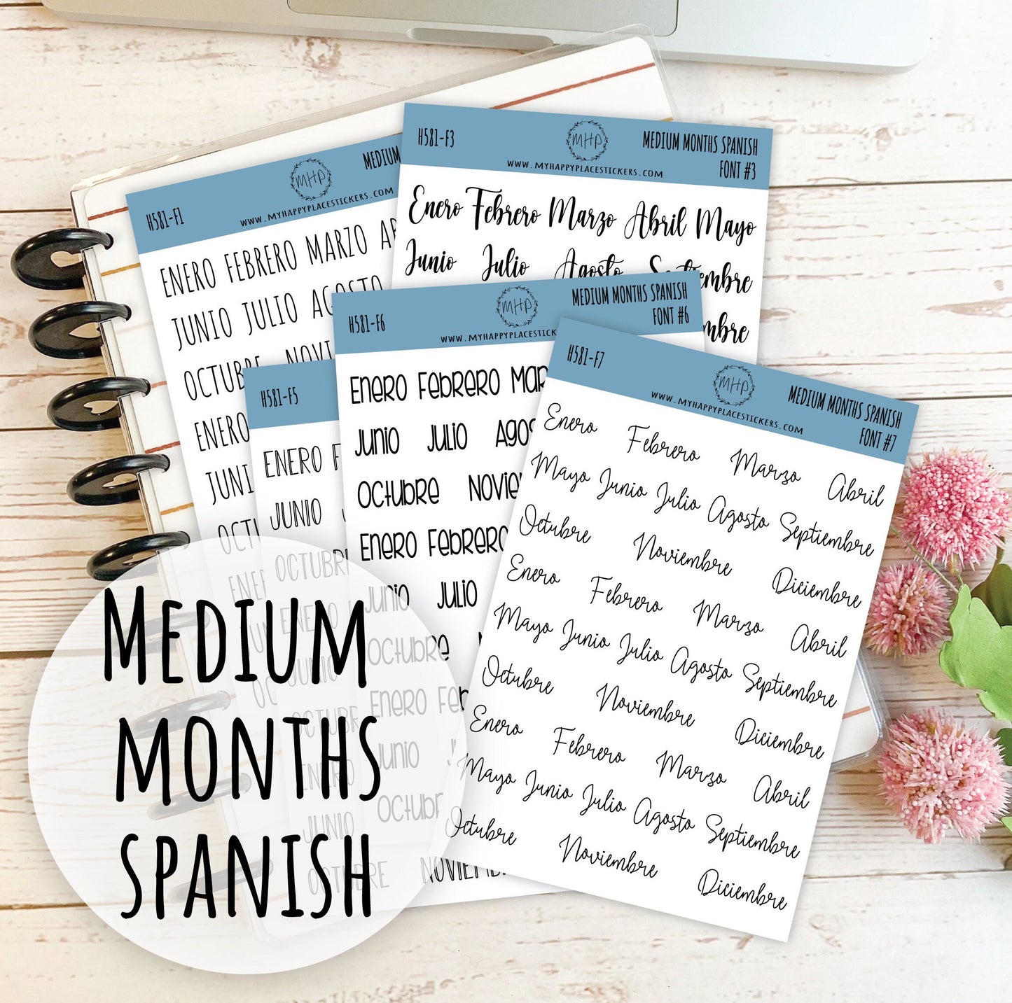 Medium Month Stickers in SPANISH for Bullet Journals and Planners. Available in Black, Gold, Silver & Rose Gold. Foiled Stickers || H581