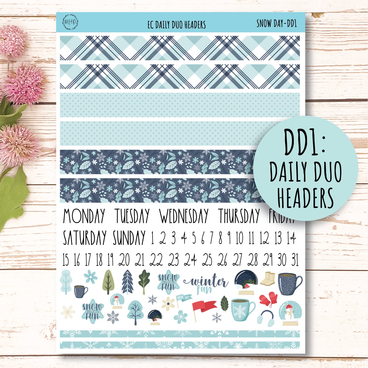 Daily Duo Stickers for 7x9 Erin Condren Planners. JANUARY "Snow Day" ||SD-DD