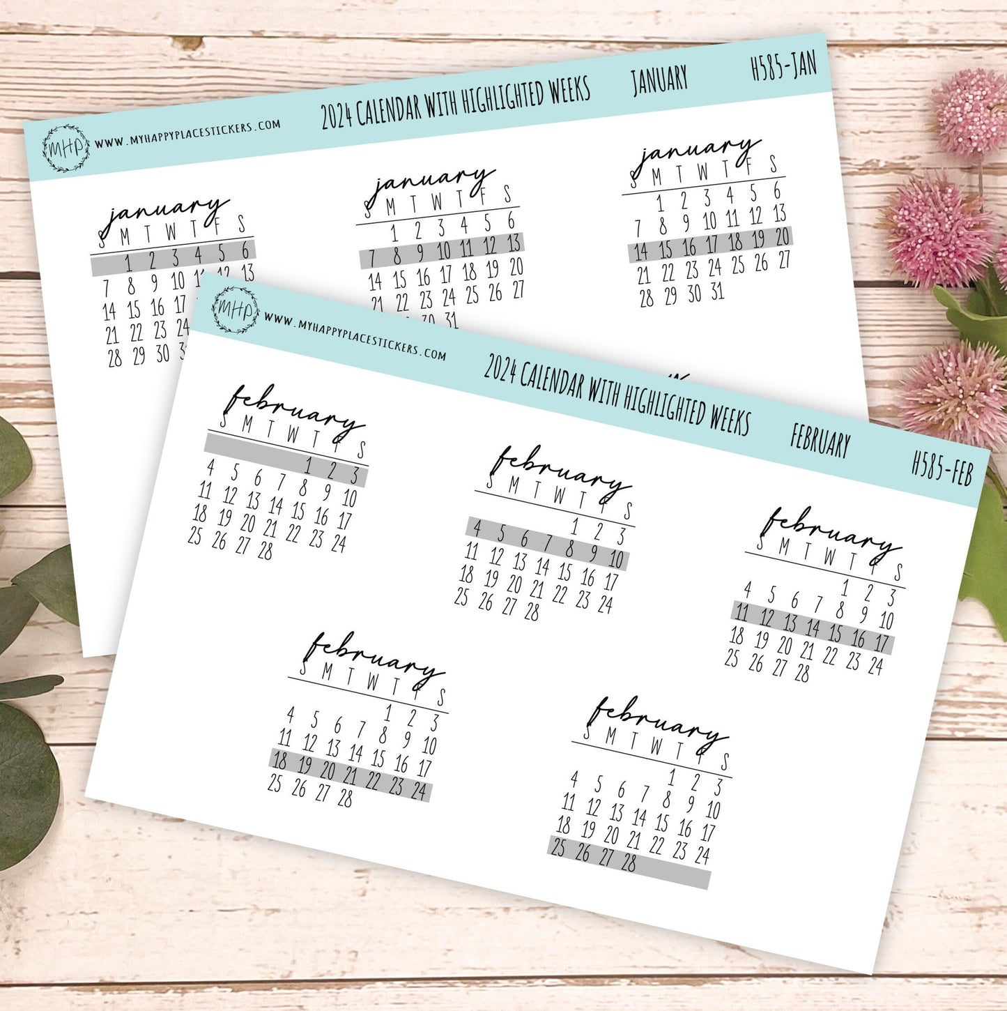 2024 Monthly Calendar Stickers with Highlighted weeks for planners and Bullet Journals || H585