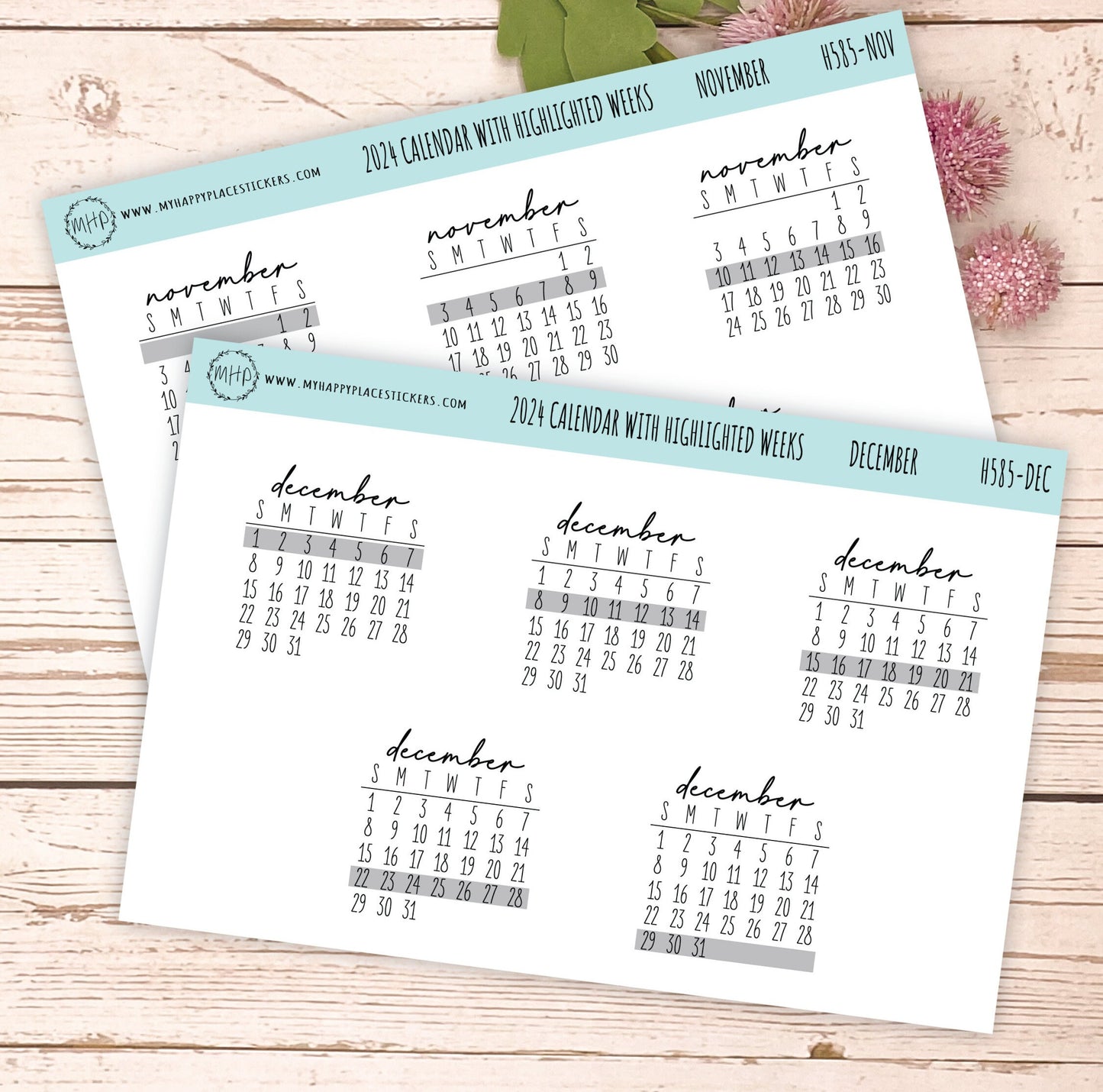2024 Monthly Calendar Stickers with Highlighted weeks for planners and Bullet Journals || H585