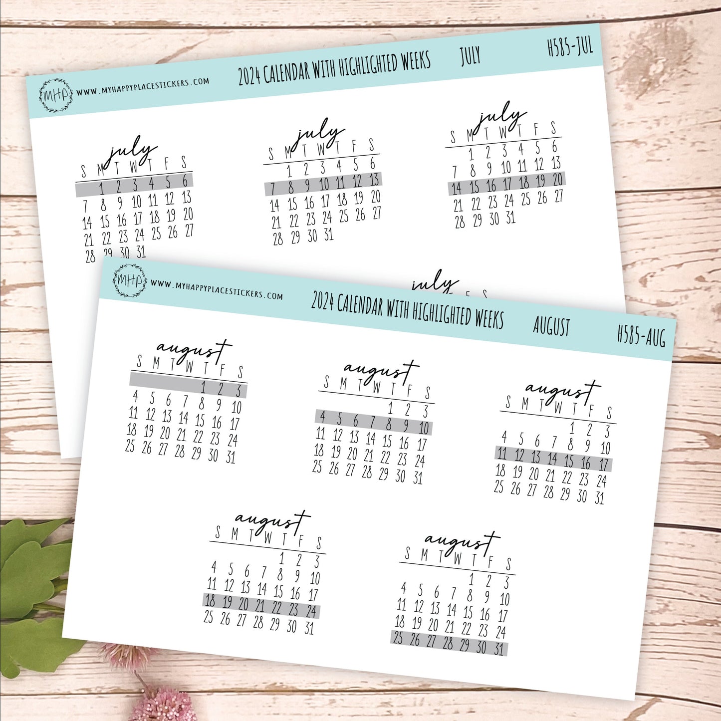 2024 Monthly Calendar Stickers with Highlighted weeks for planners and Bullet Journals || H585