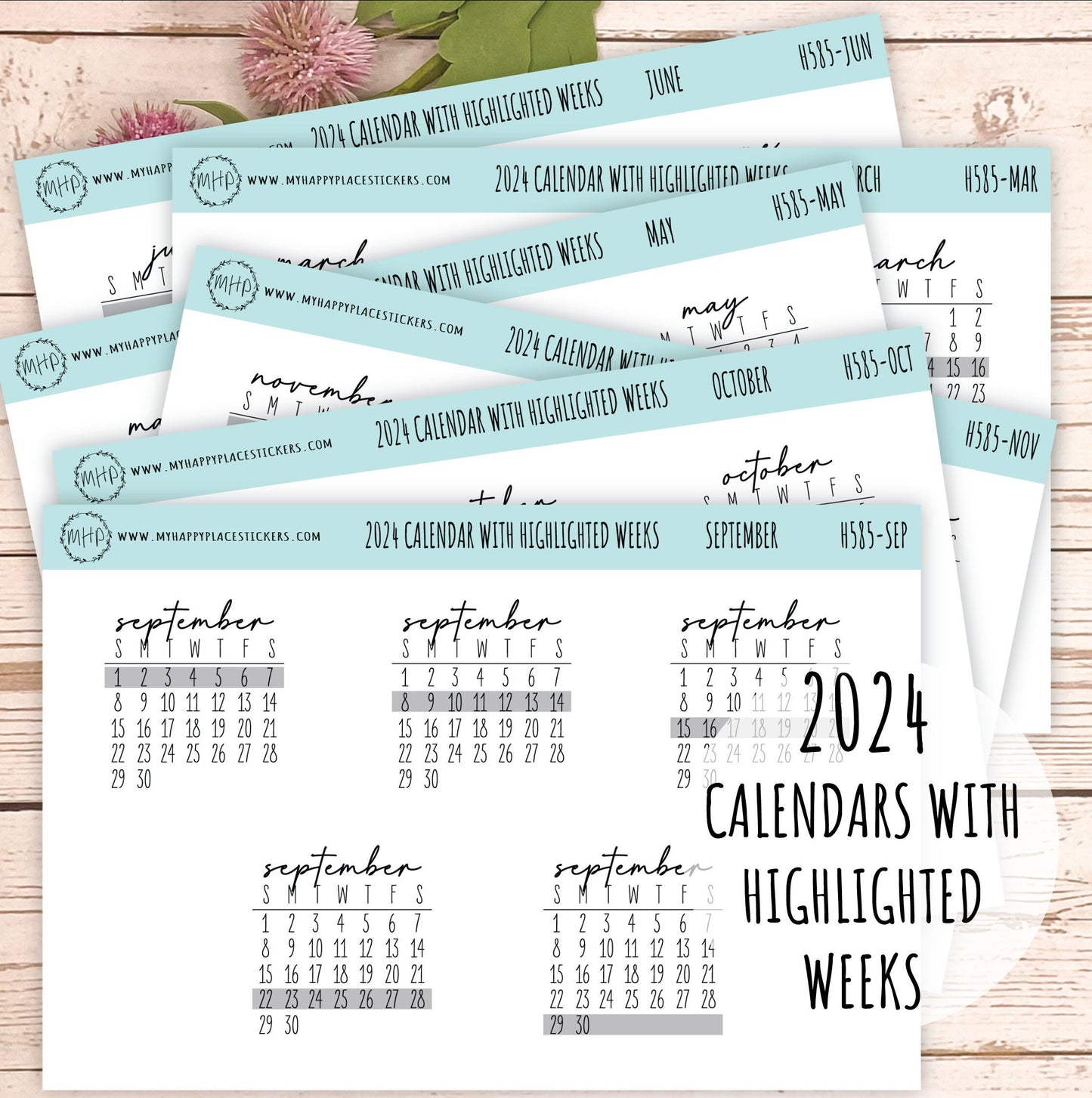 2024 Monthly Calendar Stickers with Highlighted weeks for planners and Bullet Journals || H585