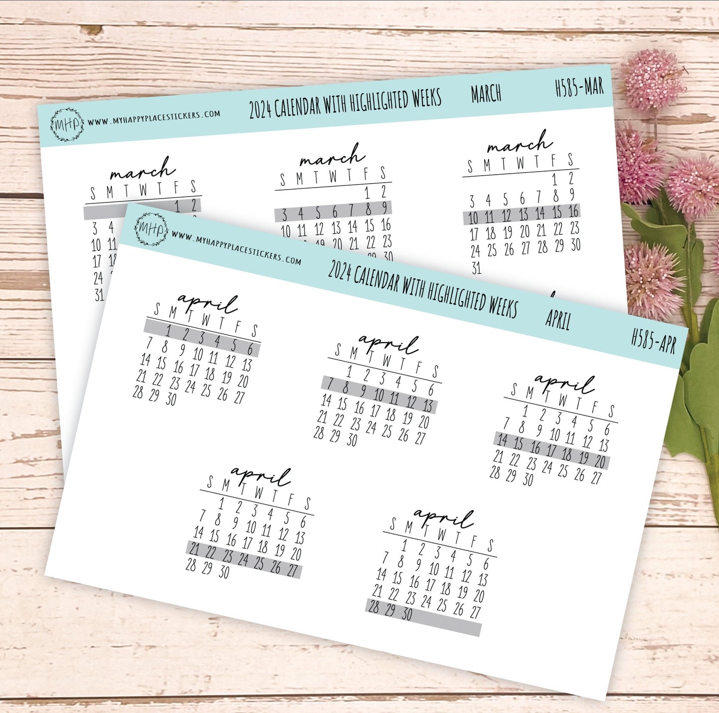 2024 Monthly Calendar Stickers with Highlighted weeks for planners and Bullet Journals || H585