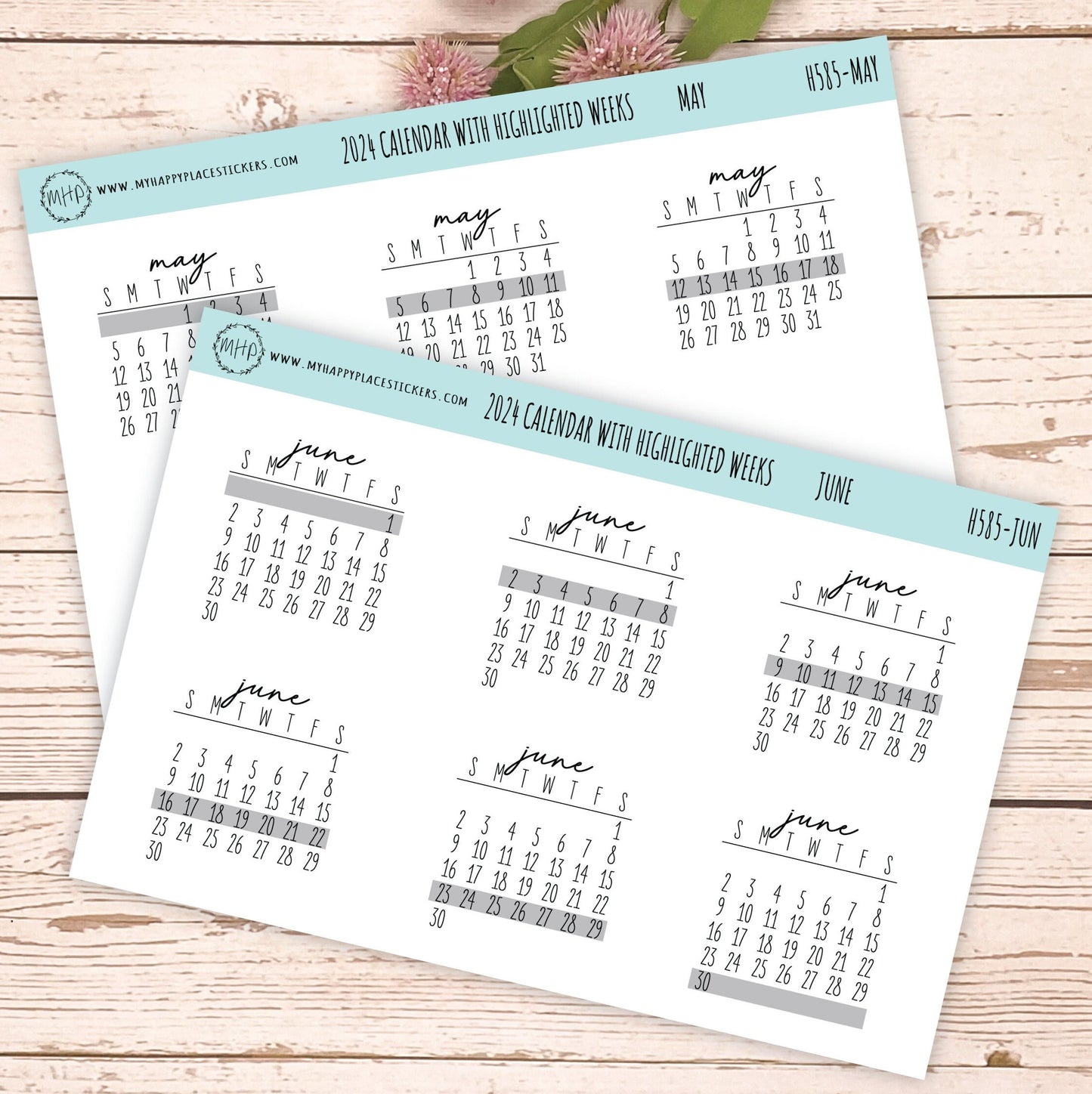 2024 Monthly Calendar Stickers with Highlighted weeks for planners and Bullet Journals || H585