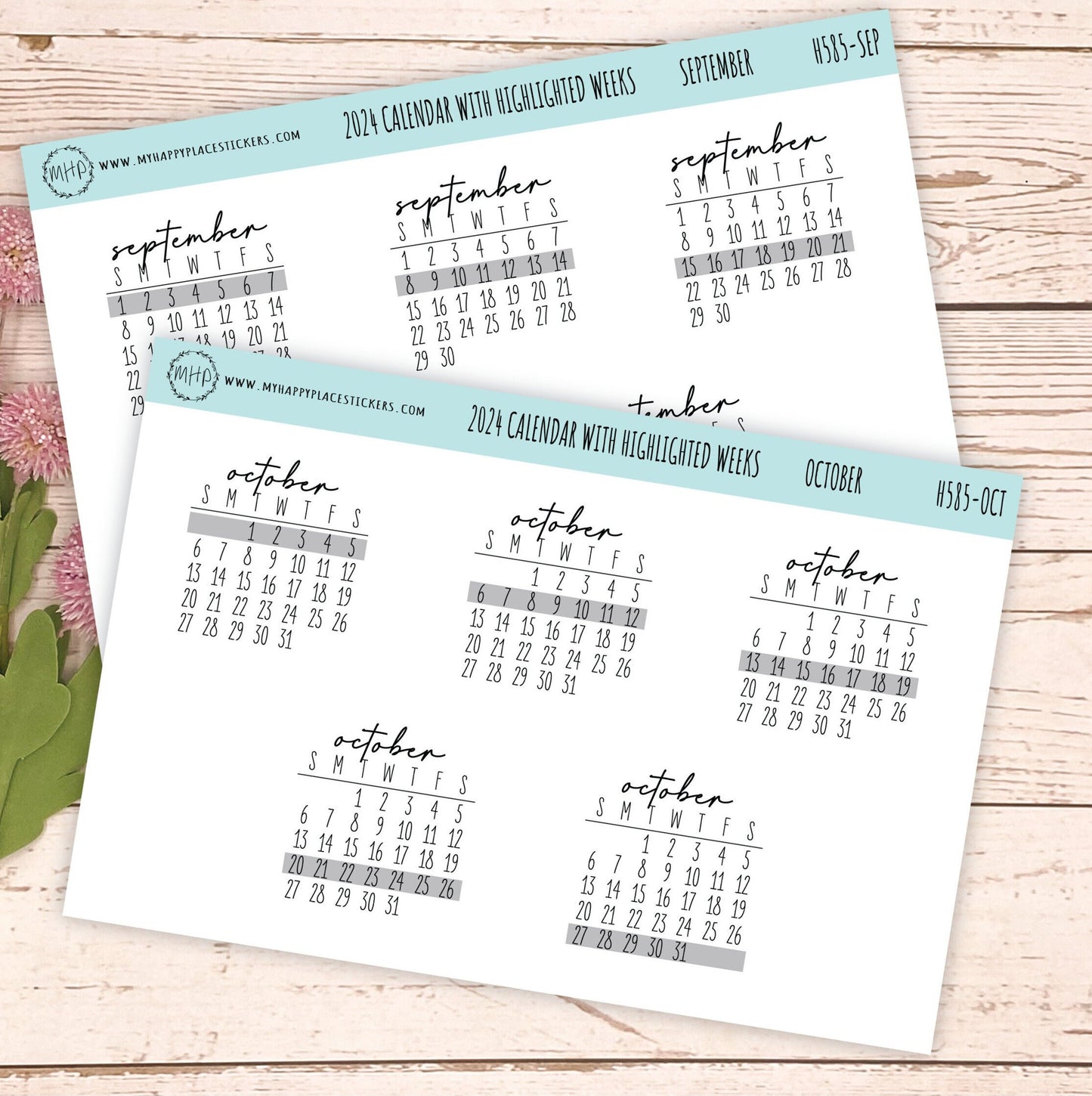 2024 Monthly Calendar Stickers with Highlighted weeks for planners and Bullet Journals || H585
