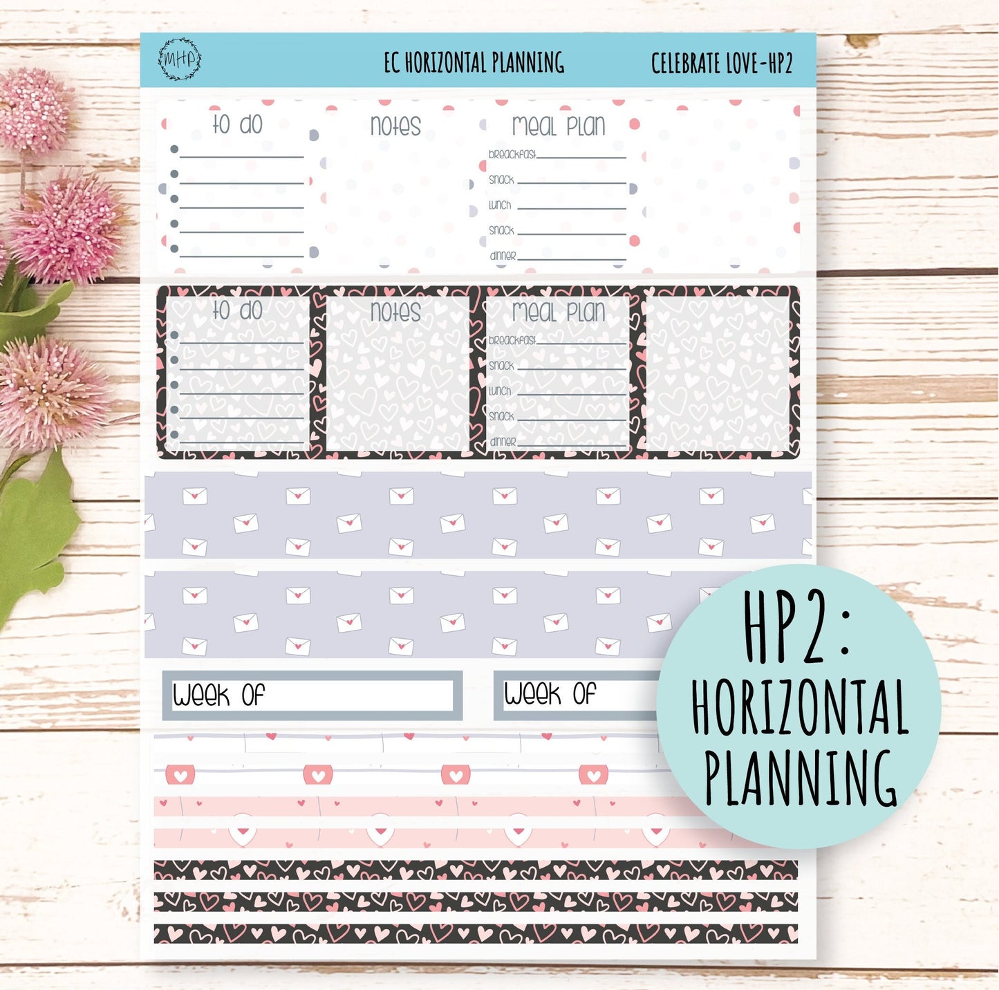 Horizontal Planning Stickers for 7x9 Planners. Valentines' Day. FEBRUARY "Celebrate Love" || CL-HP