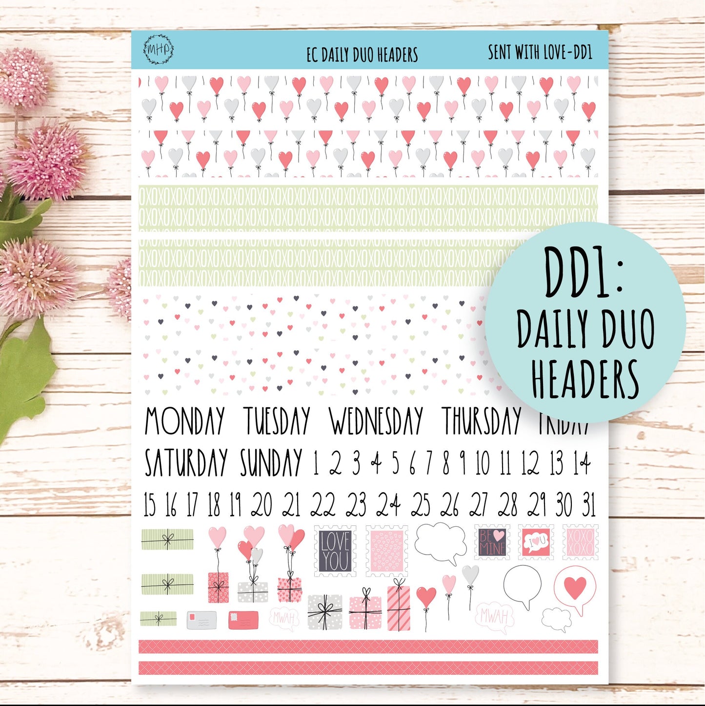 Daily Duo Stickers for 7x9 Planners. FEBRUARY - Valentine's Day. "Sent With Love" || SWL-DD
