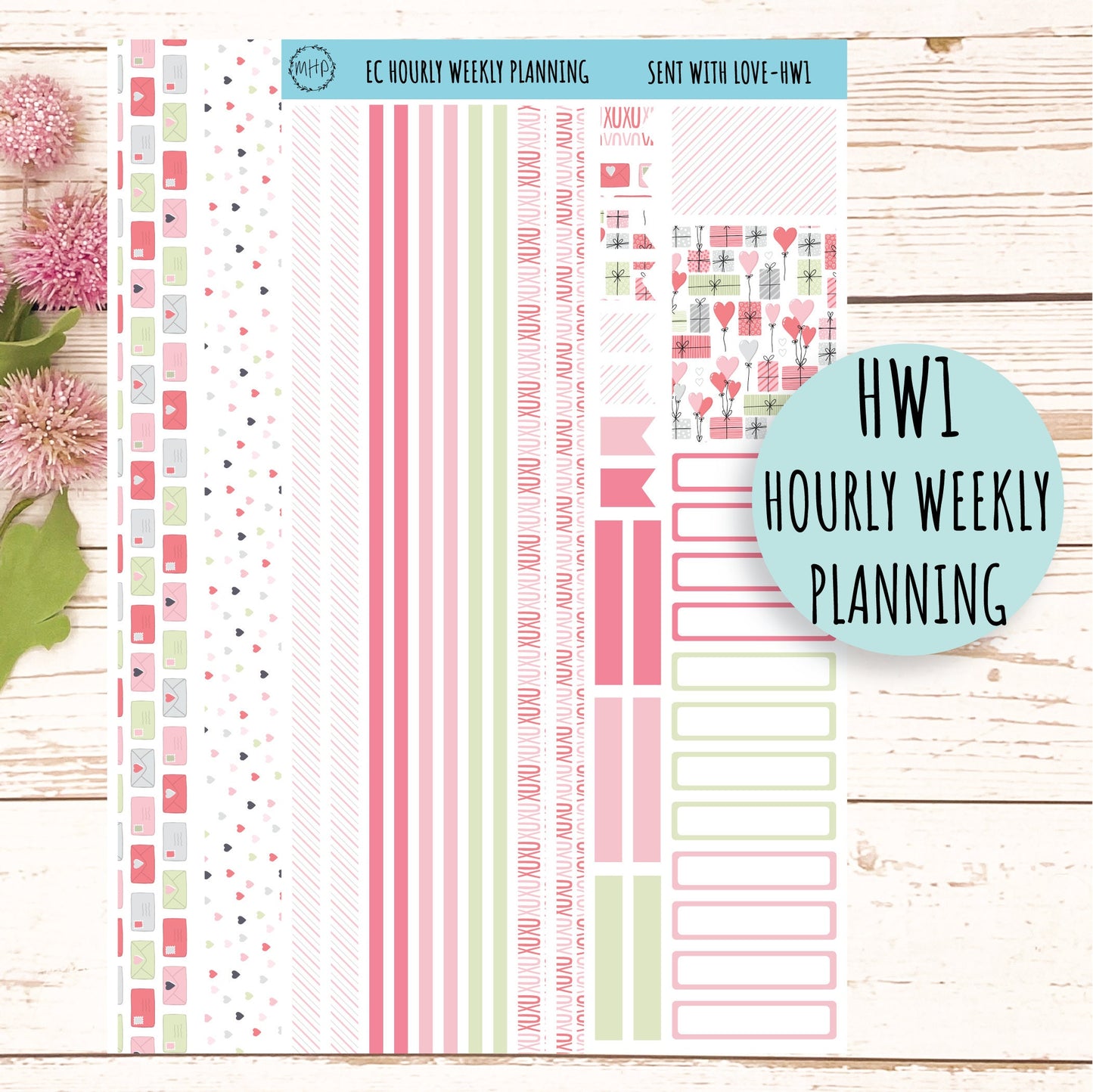 Hourly Weekly Stickers for 7x9 Planners. Valentine's Day. FEBRUARY "Sent With Love" || SWL-HW
