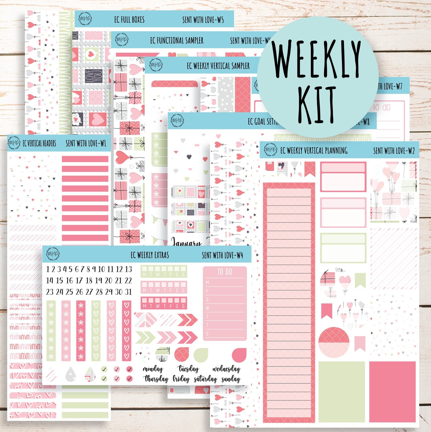 FEBRUARY Weekly Planning Kits for 7x9 Planners. Valentine's Day "Sent With Love" || SWL-W