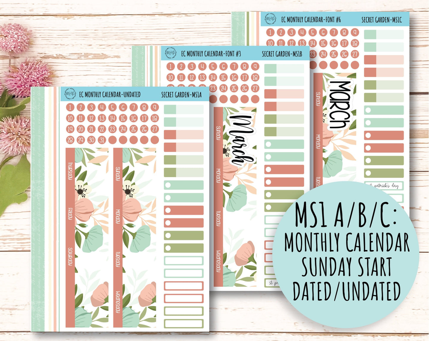 MARCH Monthly Kit Stickers for 7x9 Planners. "Secret |Garden" || SG-M