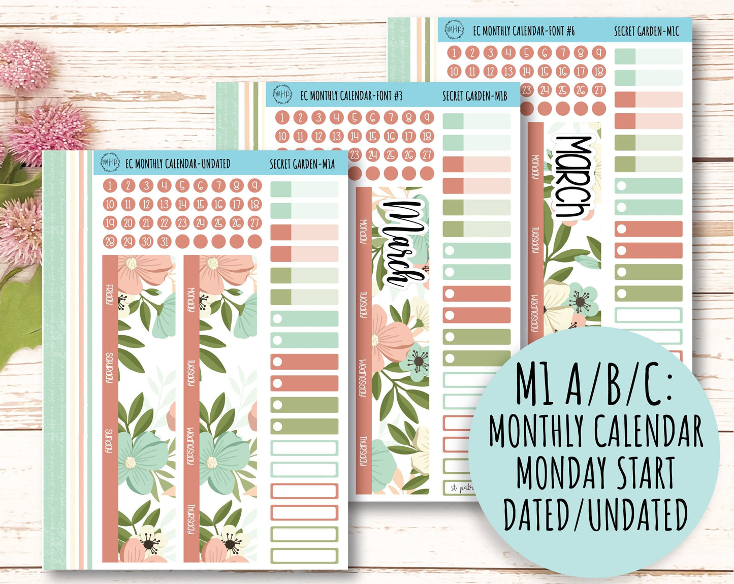 MARCH Monthly Kit Stickers for 7x9 Planners. "Secret |Garden" || SG-M