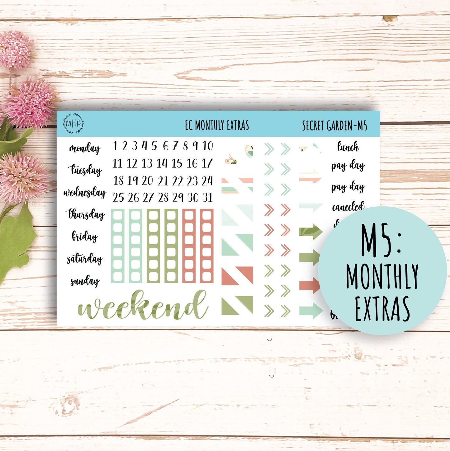MARCH Monthly Kit Stickers for 7x9 Planners. "Secret |Garden" || SG-M