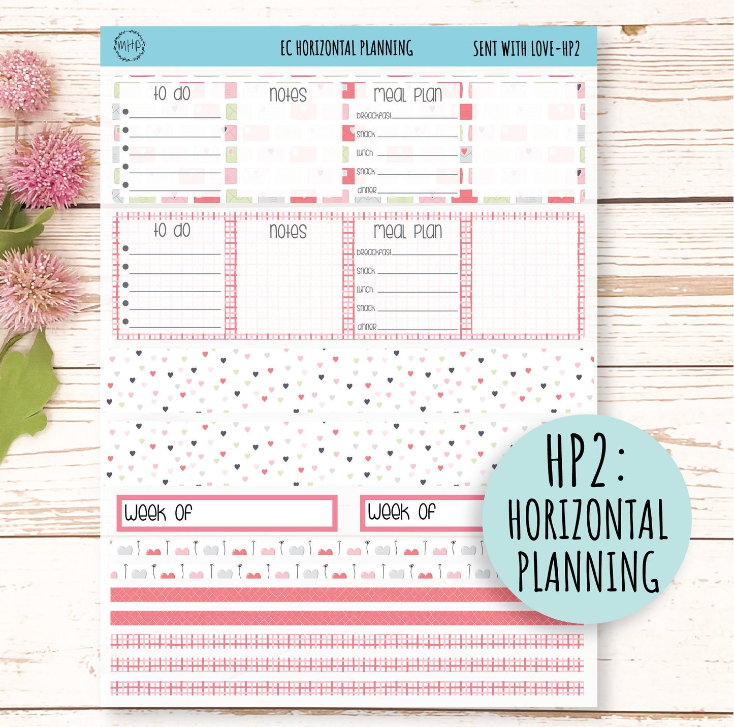 Horizontal Planning Stickers for 7x9 Planners. Valentines' Day. FEBRUARY Sent With Love" || SWL-HP
