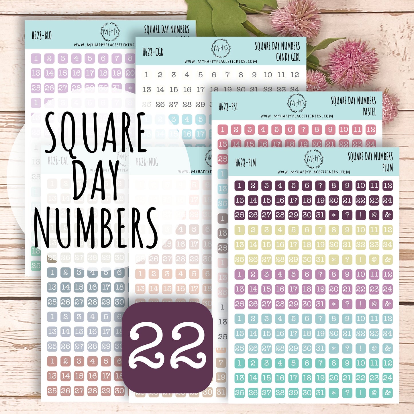 Square Day Number Stickers. Planner Stickers || H628