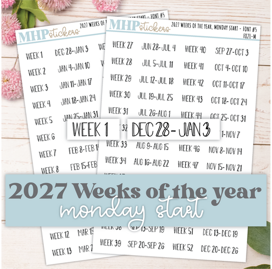 2027 Weeks of the Year Stickers MONDAY START for Planners and  Bullet Journals. || F821