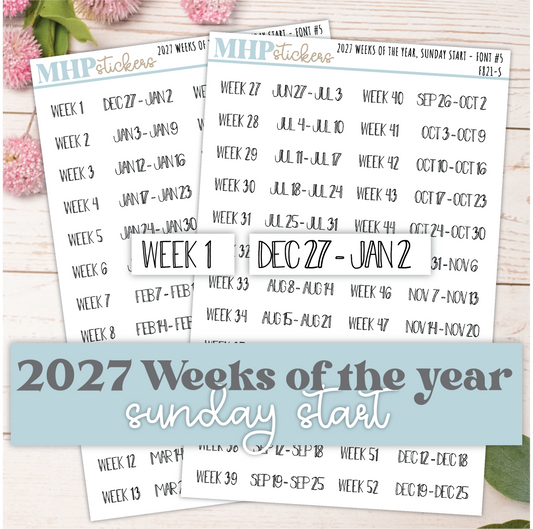 2027 Weeks of the Year Stickers SUNDAY START for Planners and  Bullet Journals. || F821