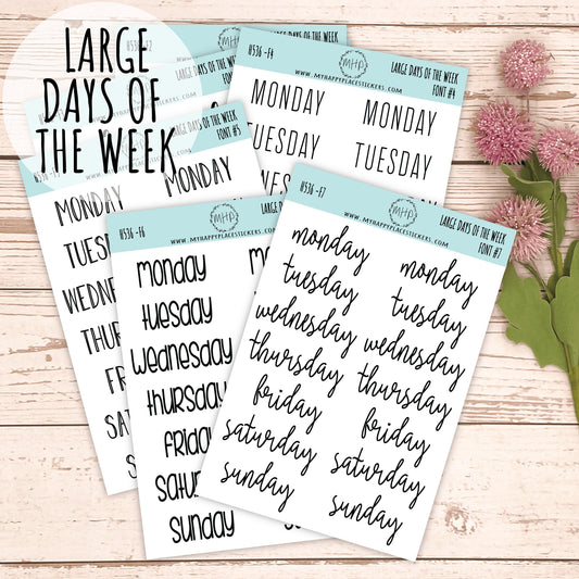 Large Days of the Week Stickers for Planners, Organizers and Bullet Journals. College Planner. 8 Fonts to Choose From || H536