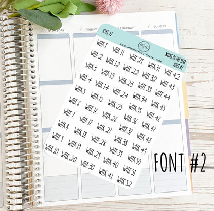 52 Weeks of the Year Stickers for Planners and Bullet Journals || H541