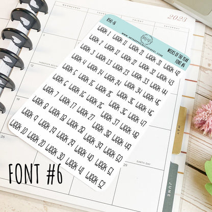 52 Weeks of the Year Stickers for Planners and Bullet Journals || H541