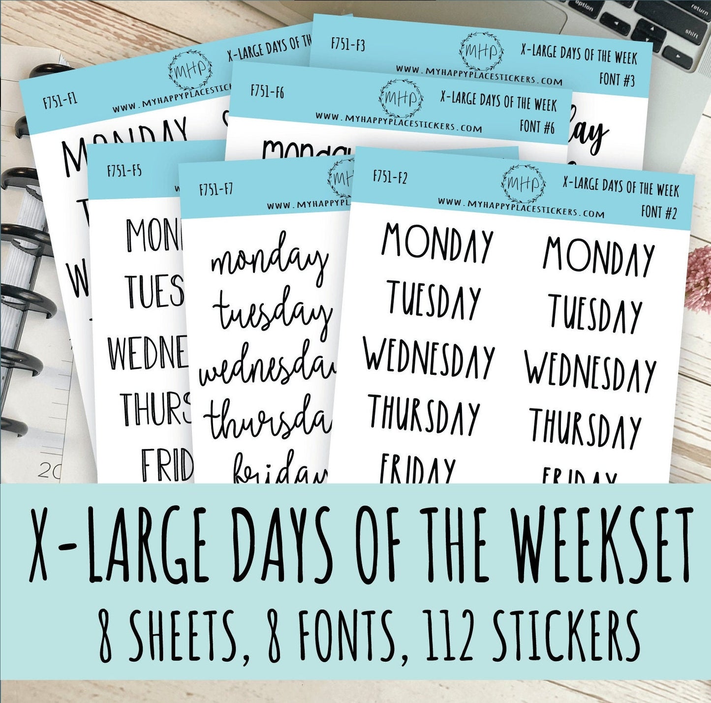 X-Large Days of the Week Stickers for Planners. 8 FONTS SET || S13