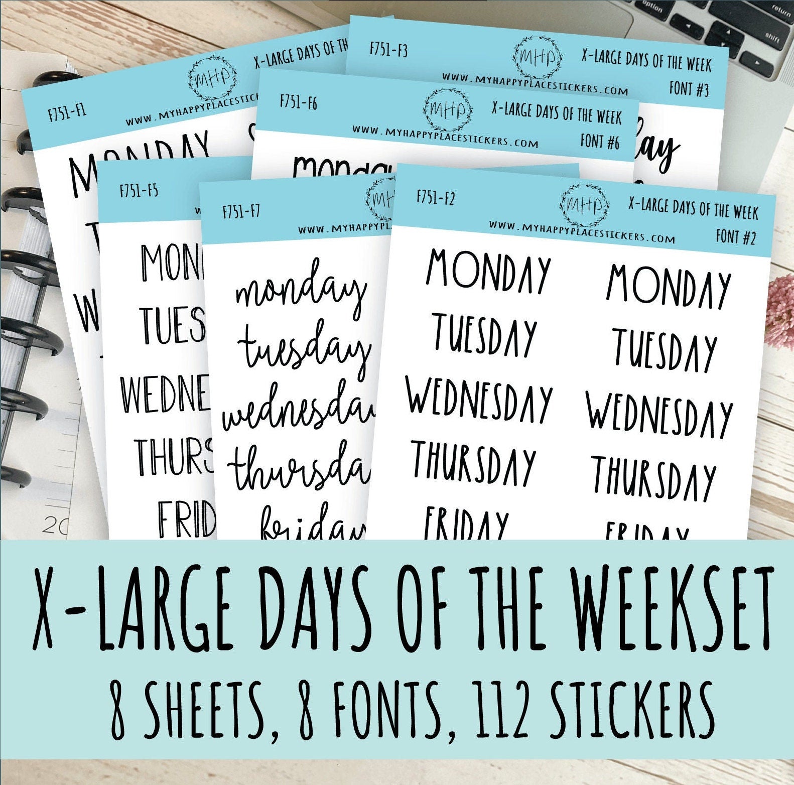 X-Large Days of the Week Stickers for Planners. 8 FONTS SET || S13