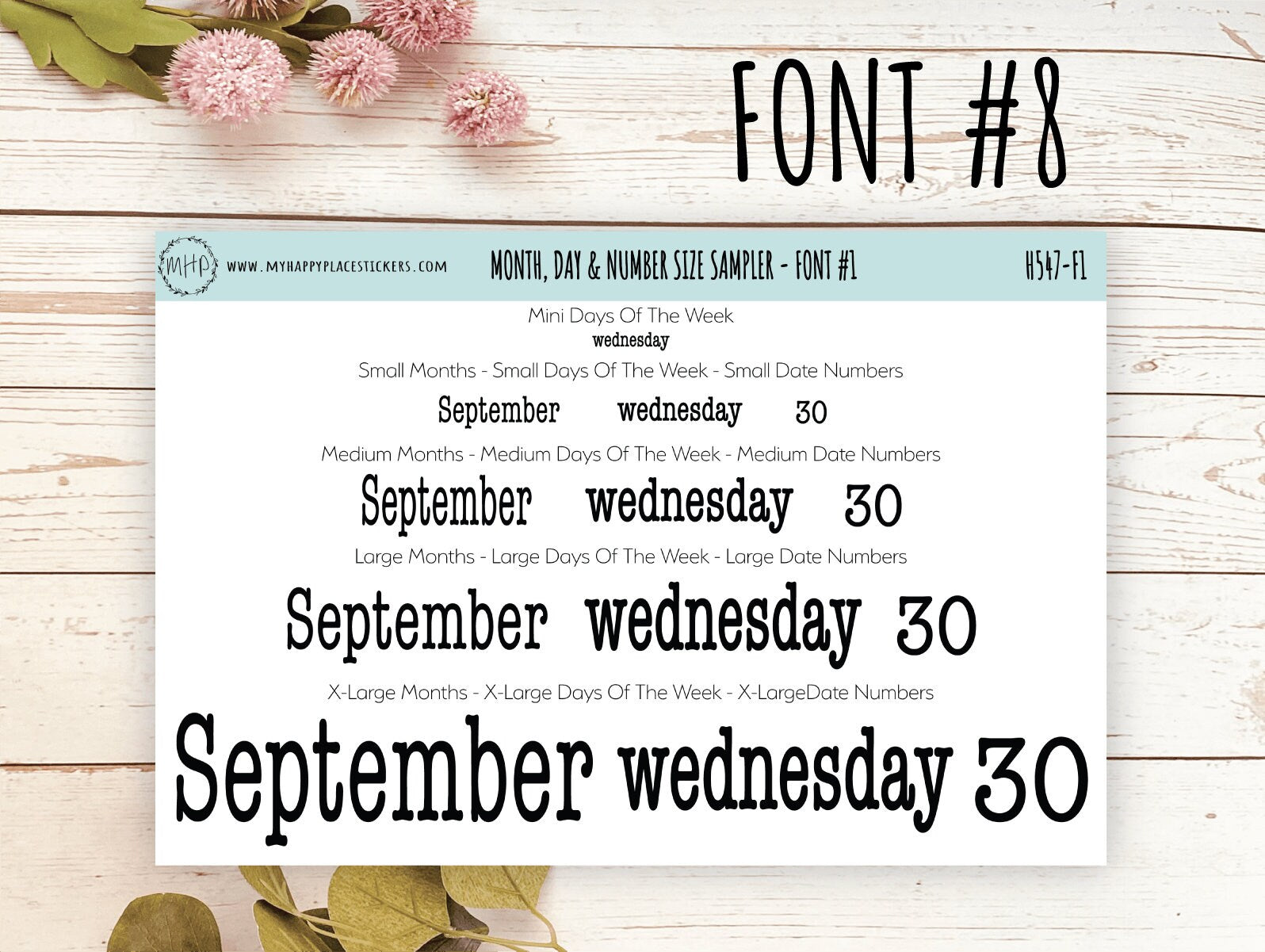 Months, Days of the Week & Number Stickers for Planners. Sticker Size Sampler || H547