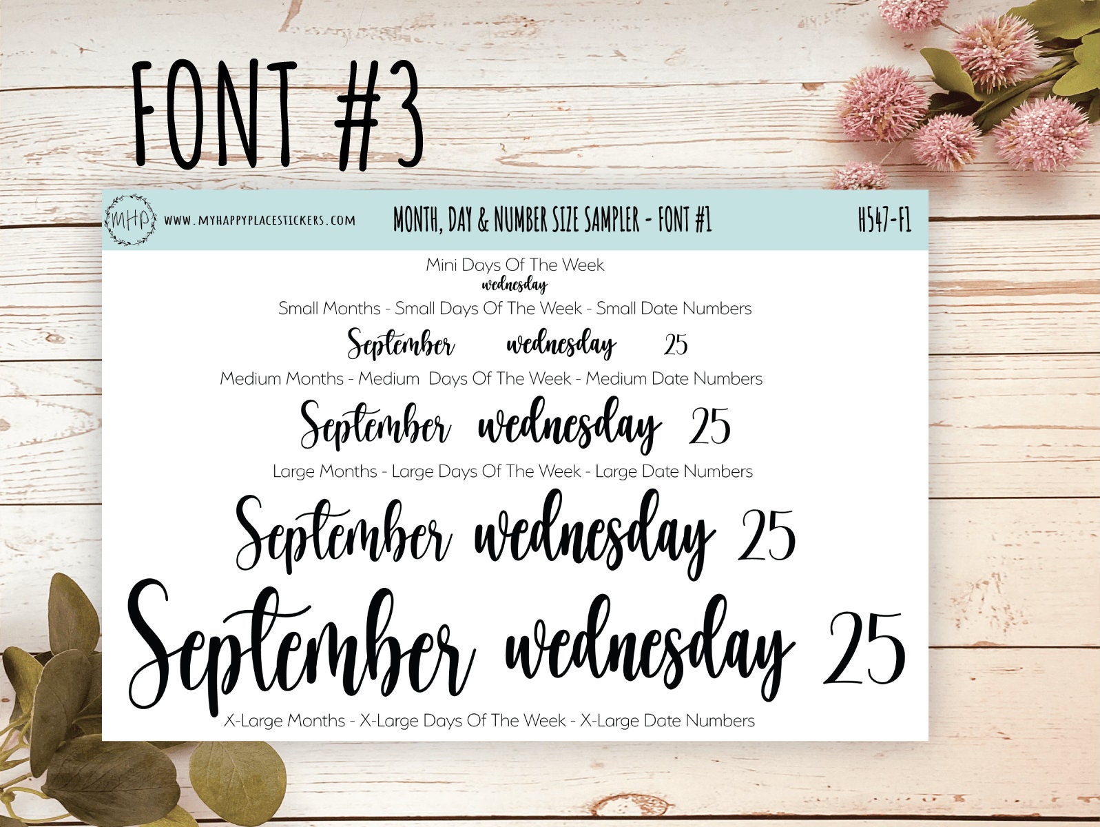 Months, Days of the Week & Number Stickers for Planners. Sticker Size Sampler || H547