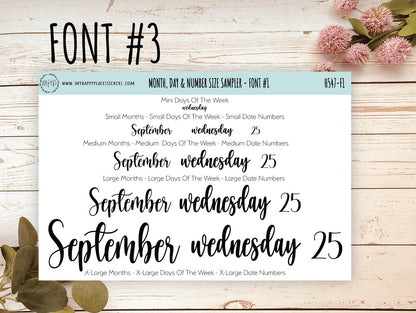 Months, Days of the Week & Number Stickers for Planners. Sticker Size Sampler || H547