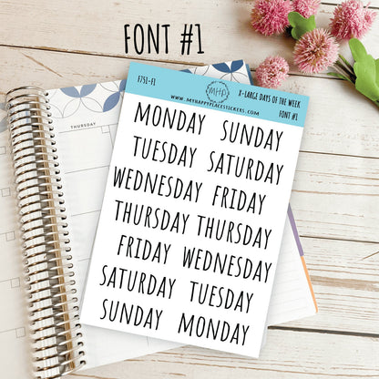 X-Large Days of the Week Stickers for Planners. 8 FONTS SET || S13