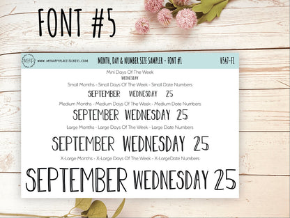 Months, Days of the Week & Number Stickers for Planners. Sticker Size Sampler || H547
