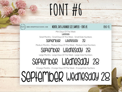 Months, Days of the Week & Number Stickers for Planners. Sticker Size Sampler || H547