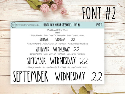 Months, Days of the Week & Number Stickers for Planners. Sticker Size Sampler || H547