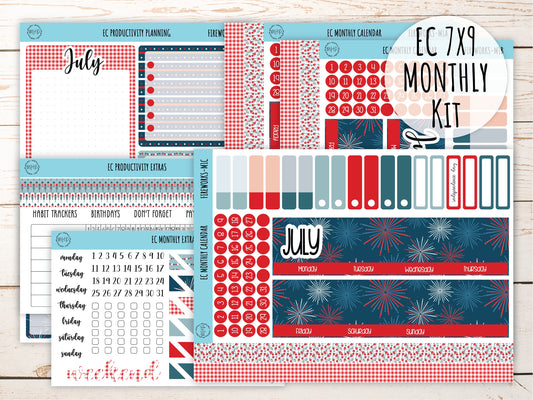 Erin Condren 7x9 Monthly Kit. JULY "Fireworks" Planner Stickers || F-M