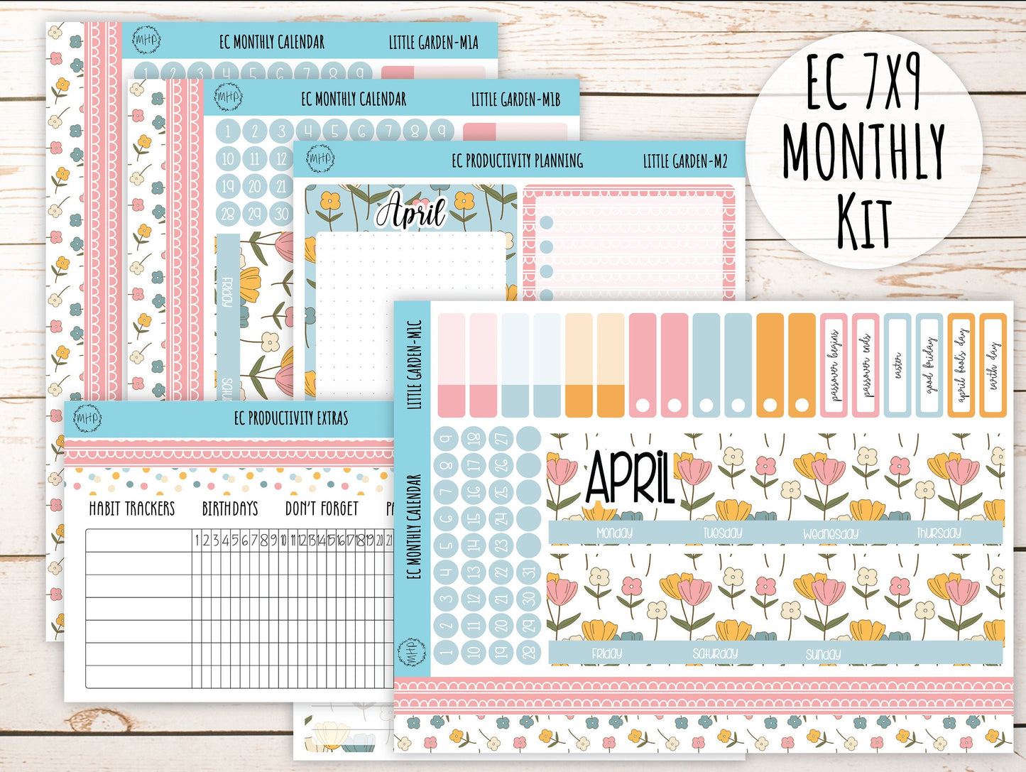 Erin Condren 7x9 Monthly Kit. APRIL "Little Garden" Planner Stickers || LG-M