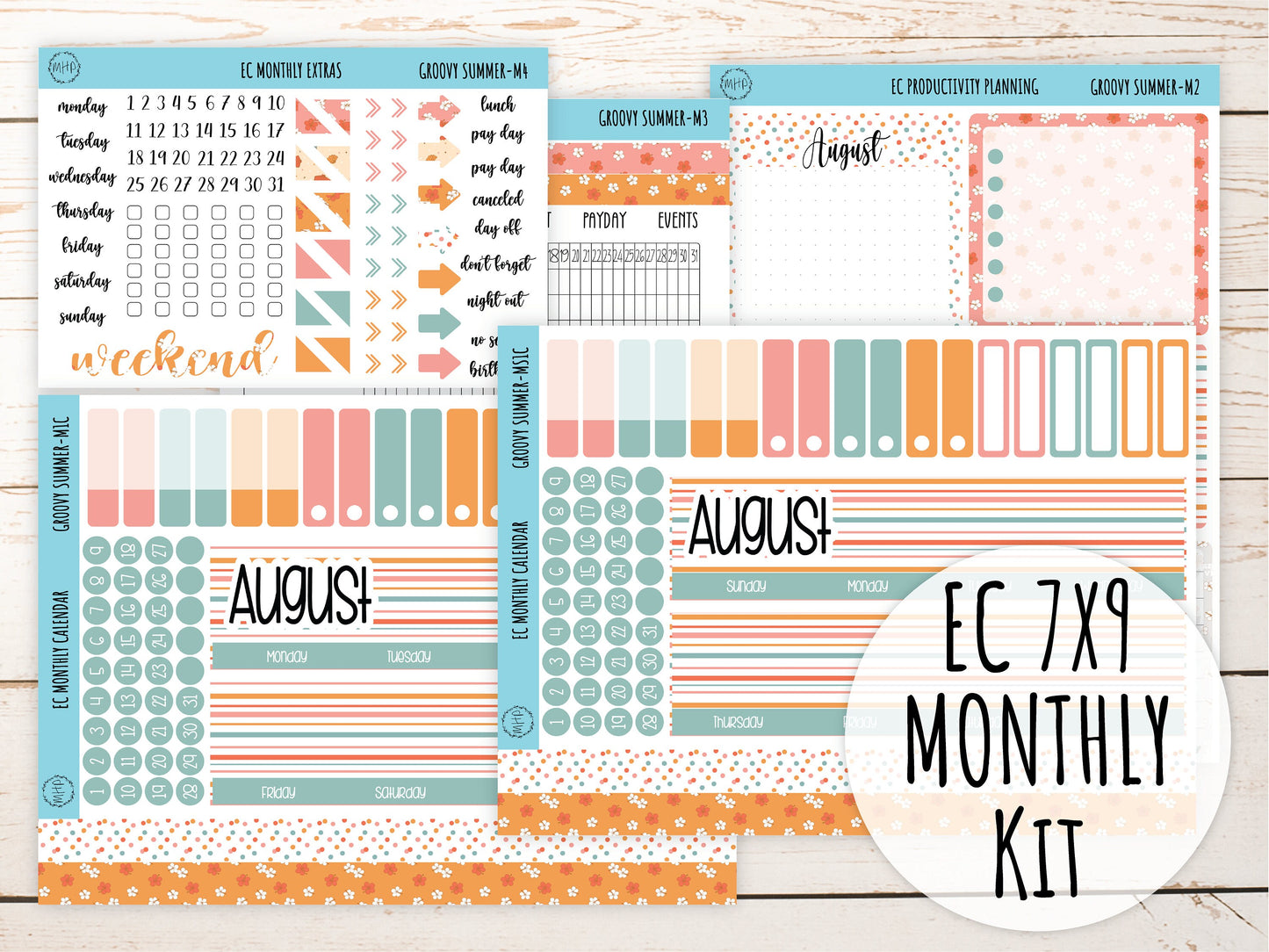 Erin Condren 7x9 Monthly Kit. AUGUST "Groovy Summer" Planner Stickers || GS-M