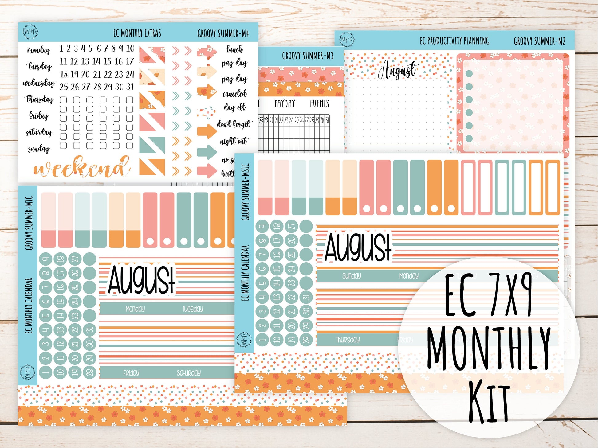 Erin Condren 7x9 Monthly Kit. AUGUST "Groovy Summer" Planner Stickers || GS-M