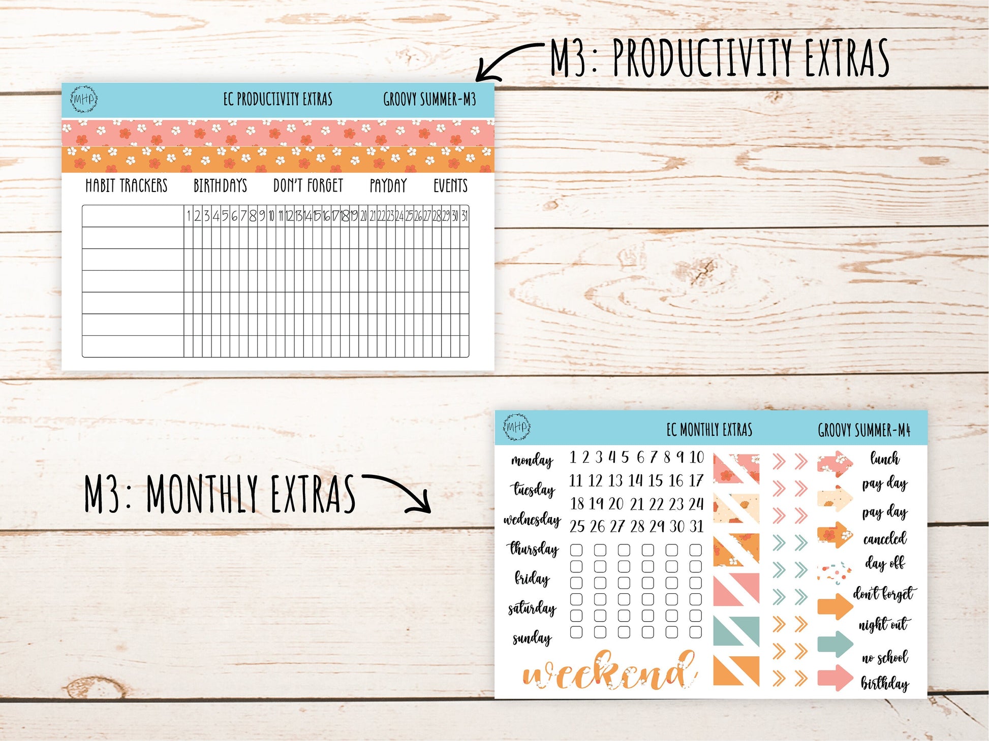 Erin Condren 7x9 Monthly Kit. AUGUST "Groovy Summer" Planner Stickers || GS-M