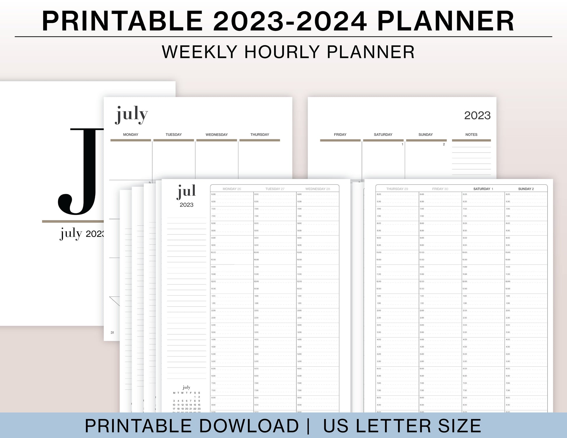 Weekly Hourly Planner. 2023 -2024 Planner. US Letter Printable Planner. Fully Dated and Undated Planner