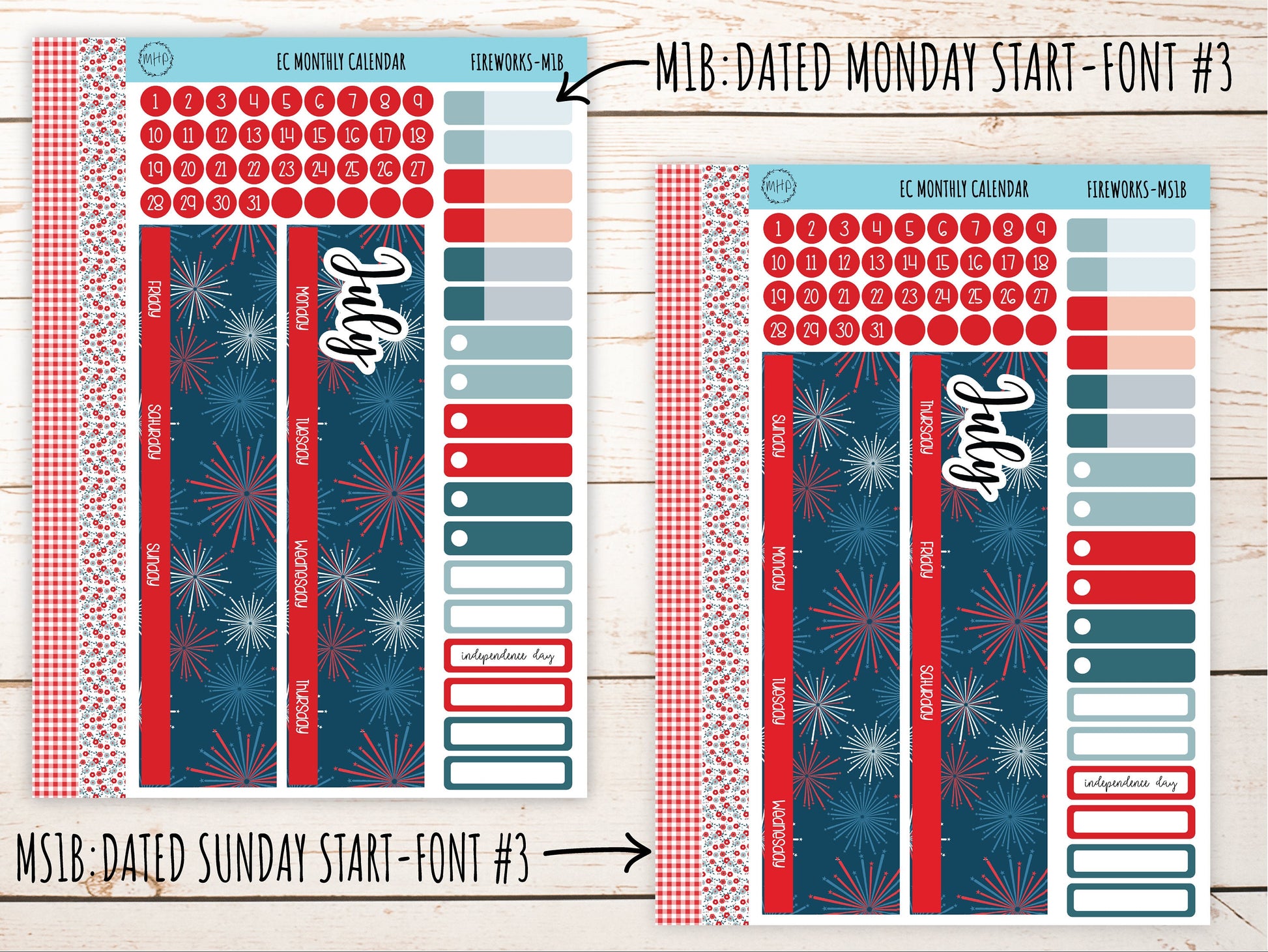 Erin Condren 7x9 Monthly Kit. JULY "Fireworks" Planner Stickers || F-M