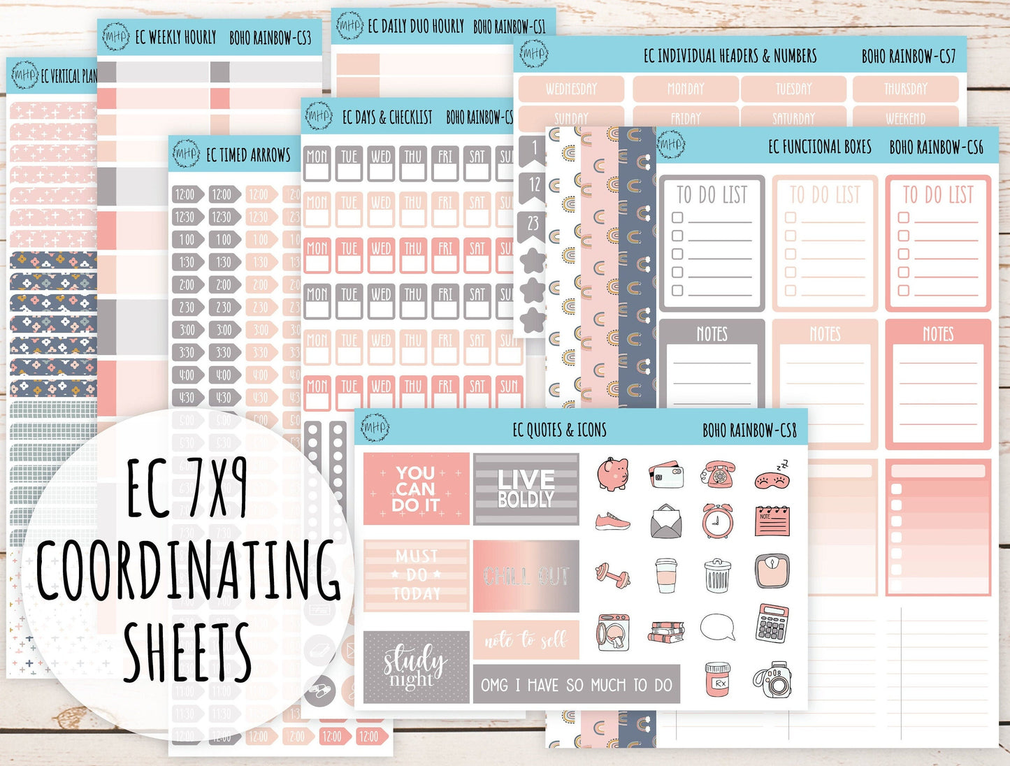 Erin Condren 7x9 Coordinating Planner Sticker Sheets. AUGUST "Boho Rainbow". Add-On Sticker Sheets || BR-CS