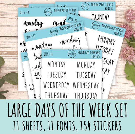 Sticker Set of Large Days of the Week for Planners, Organizers and Bullet Journals. College Planner ||S11